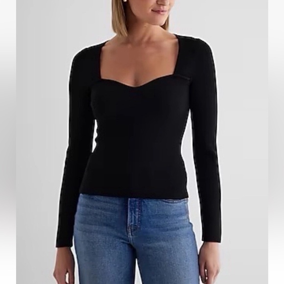 Express Black Fitted Ribbed Sweetheart Neckline Long Sleeve Sweater Size L - Picture 1 of 7